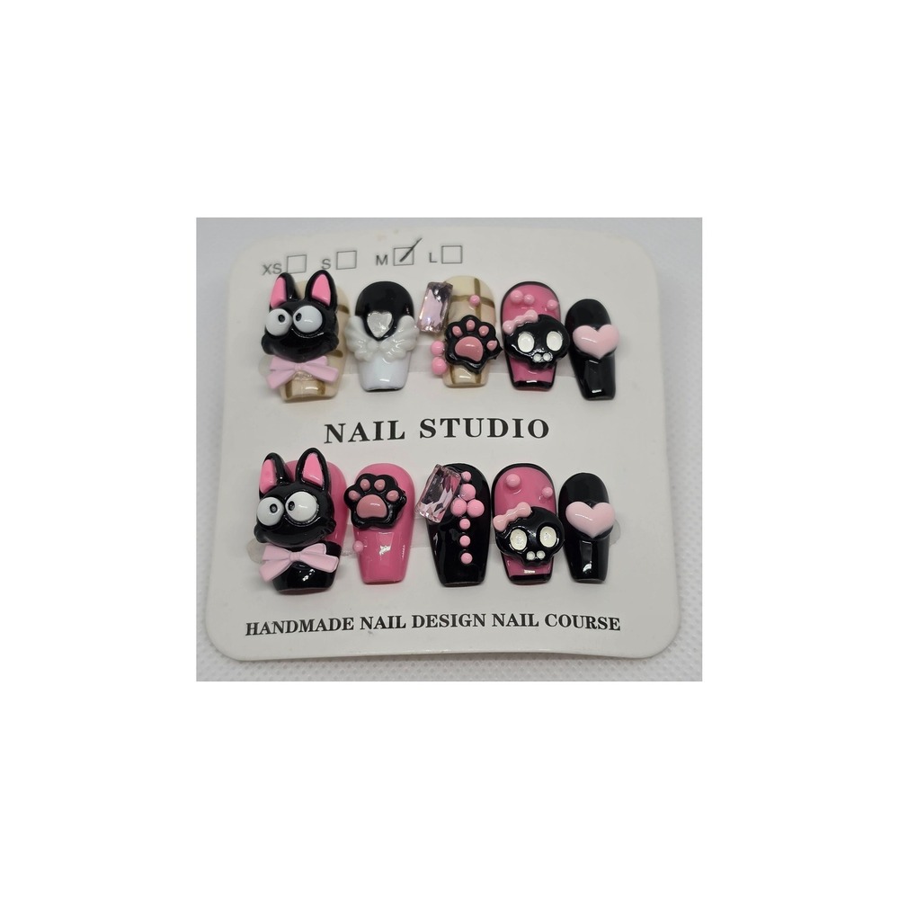 Handmade 3D Black Cat Press On Nails Pink Kawaii Goth Paw Skull Size M